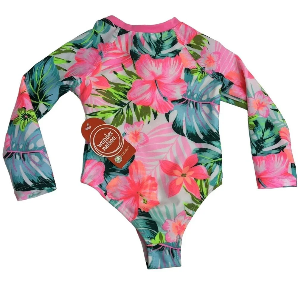 Wonder Nation Swimsuit Toddler Sz 18M Tropical Hawaiian Floral UPF 50 Rash Guard - Picture 12 of 12